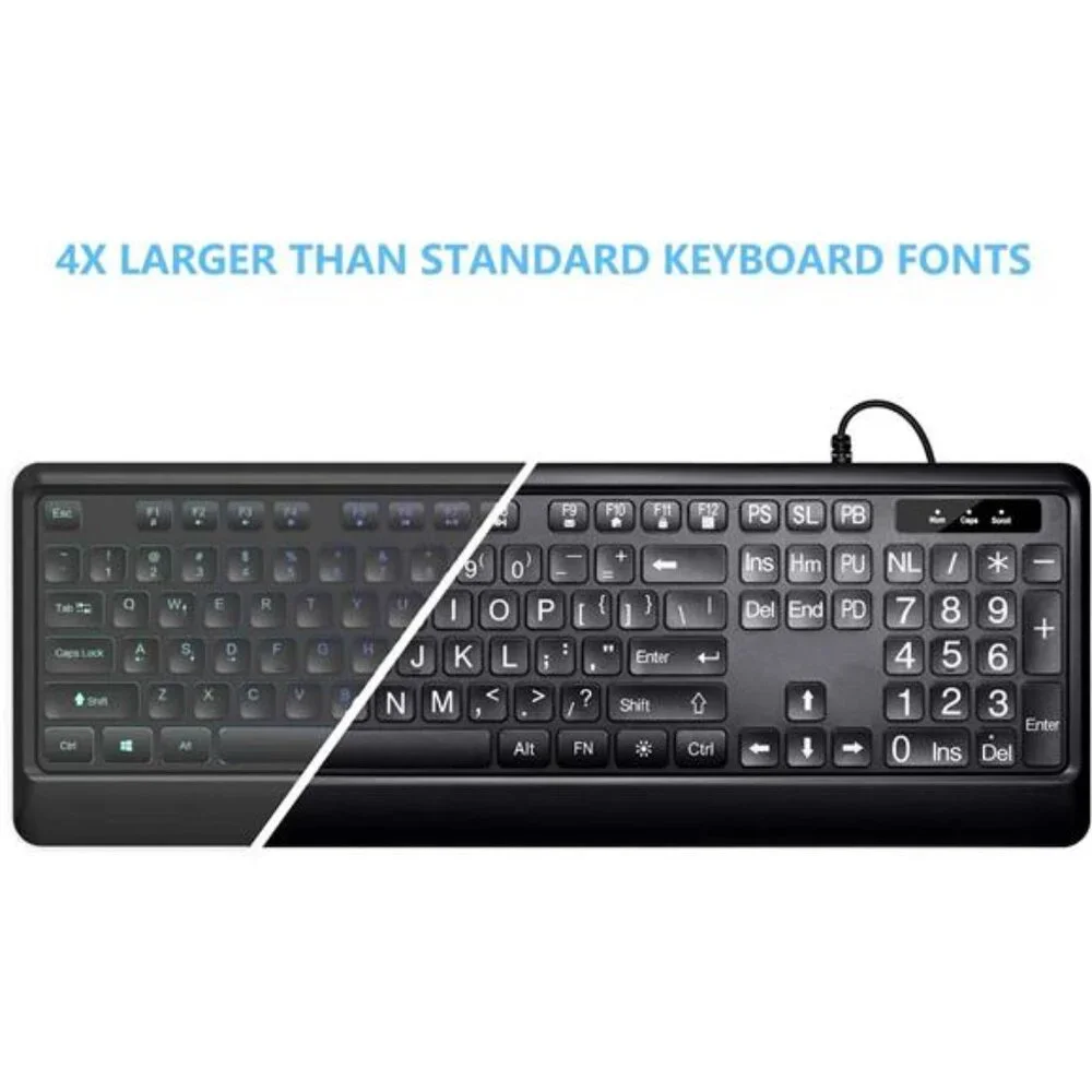 Large Print Backlit Keyboard USB Wired Computer Keyboard Full Size Keyboard